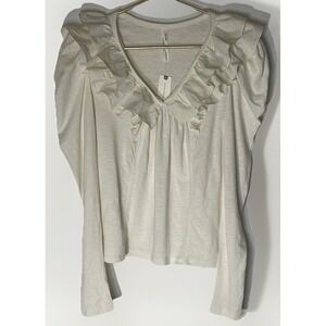 Anthropologie Ruffle Neck Blouse Women XS Cream Long Sleeve Relaxed Boho Top NWT